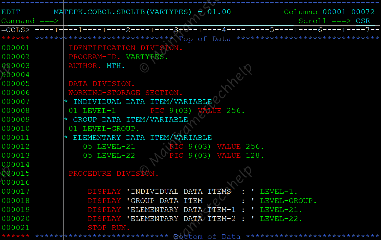 data item COBOL program code